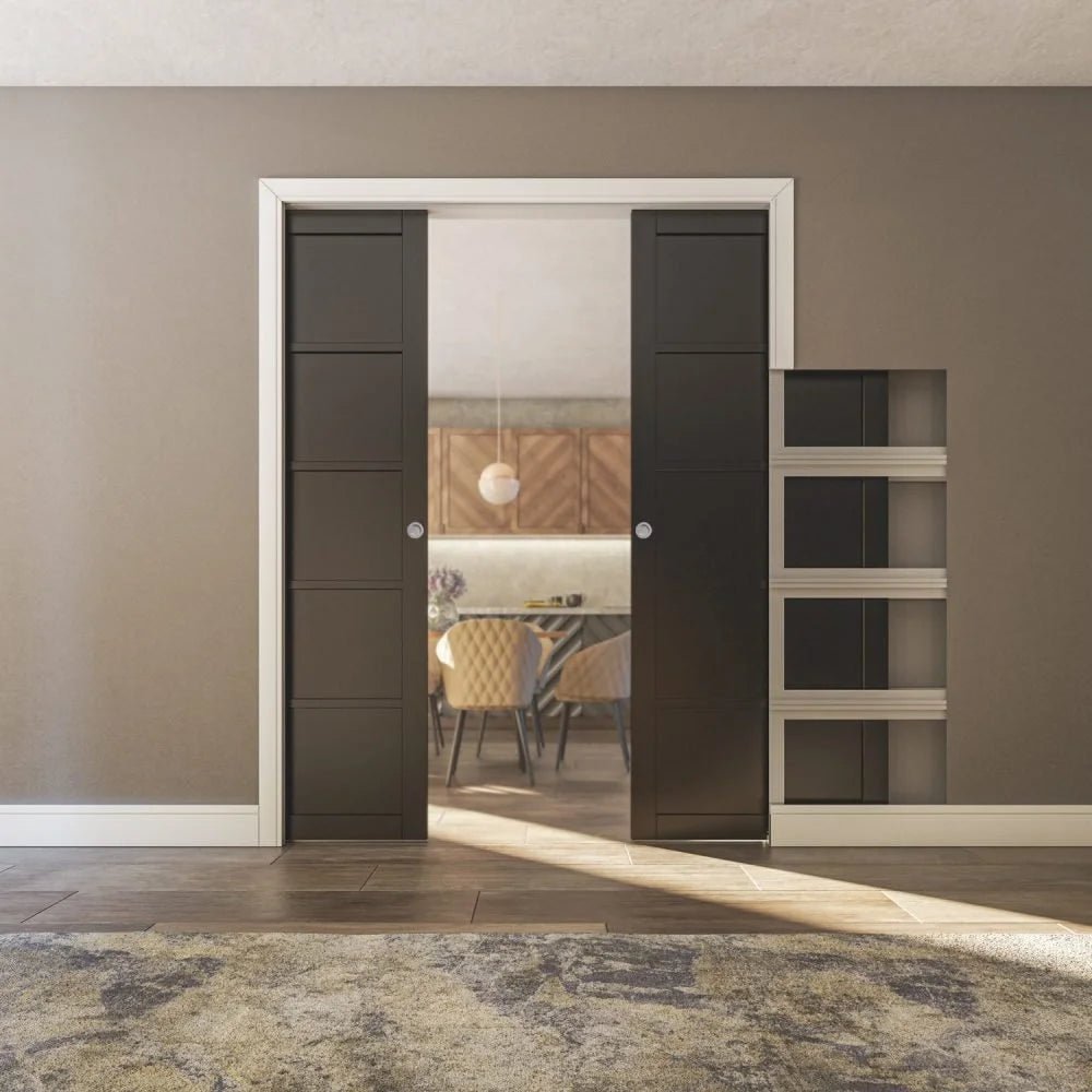 100mm Double Pocket Door - Oak Frame - Satin Chrome Hardware - AX National - Doors OnlineDeanta